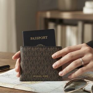 Michael Kors signature monogram, Brown Jet Set Travel Passport Holder Wallet